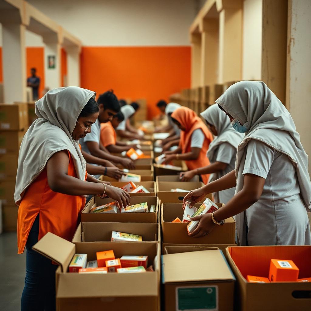 Volunteers packing hygiene kits into cardboard boxes at community warehouse