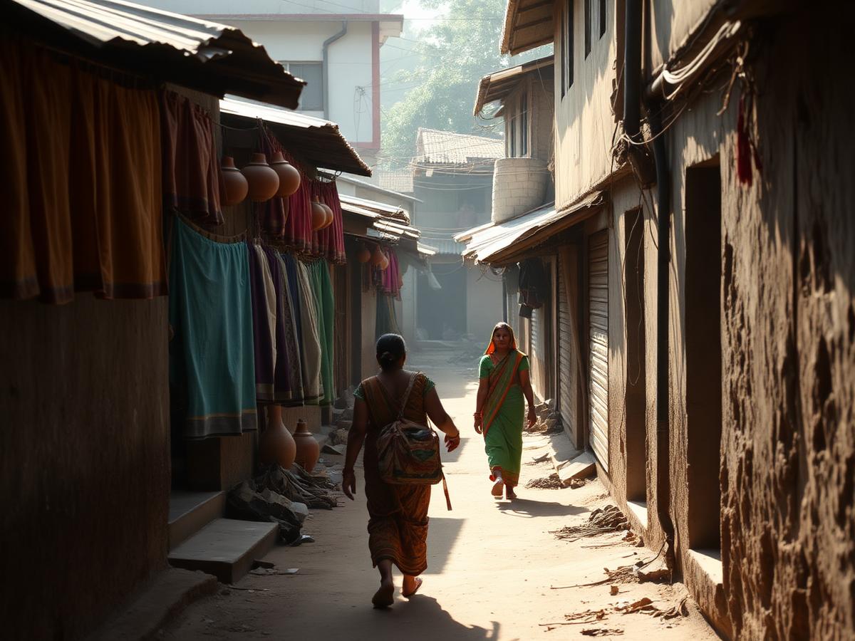 Slum lane in India where women collect water and daily supplies